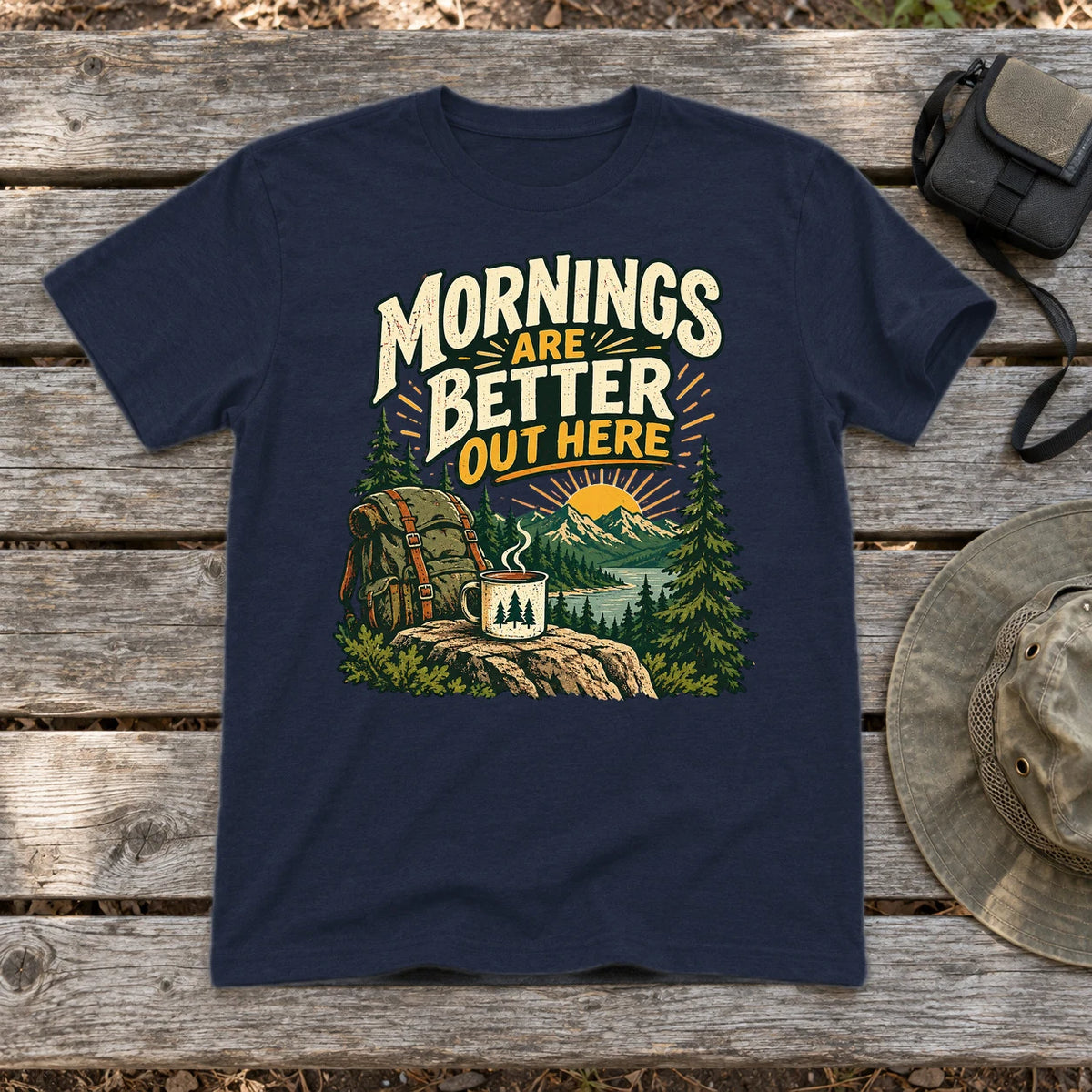 Mornings Are Better Camping Graphic Tee on Navy Everyday Soft Tee