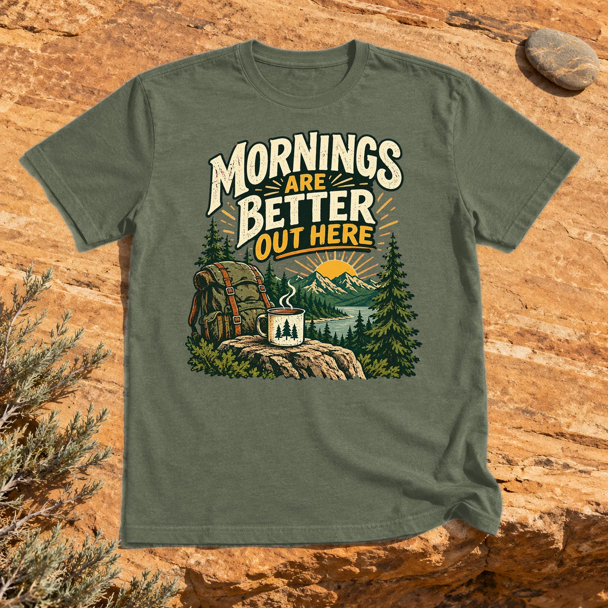 Mornings Are Better Camping Graphic Tee on Military Green Everyday Soft Tee