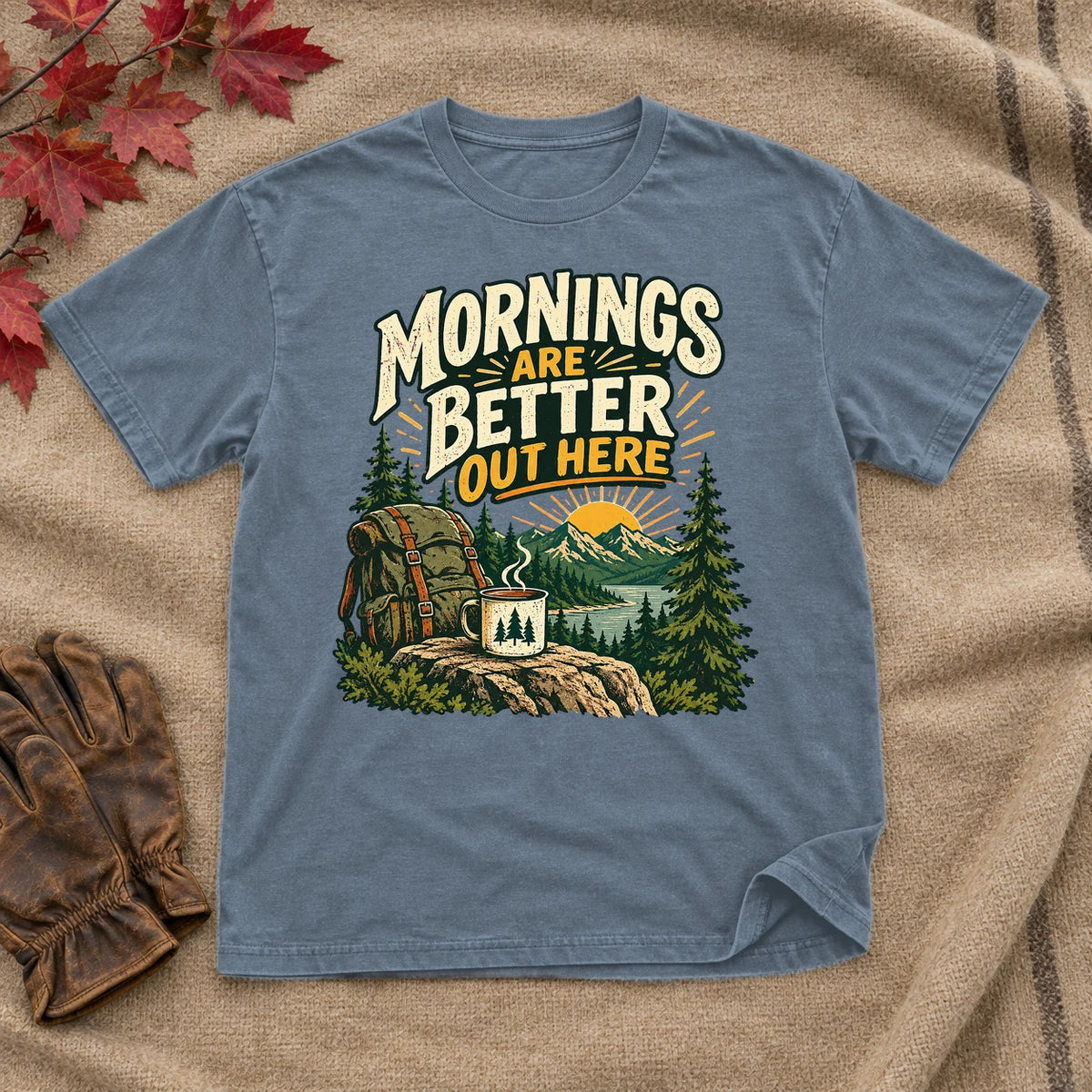 Mornings Are Better Camping Graphic Tee on Heather Indigo Everyday Soft Tee