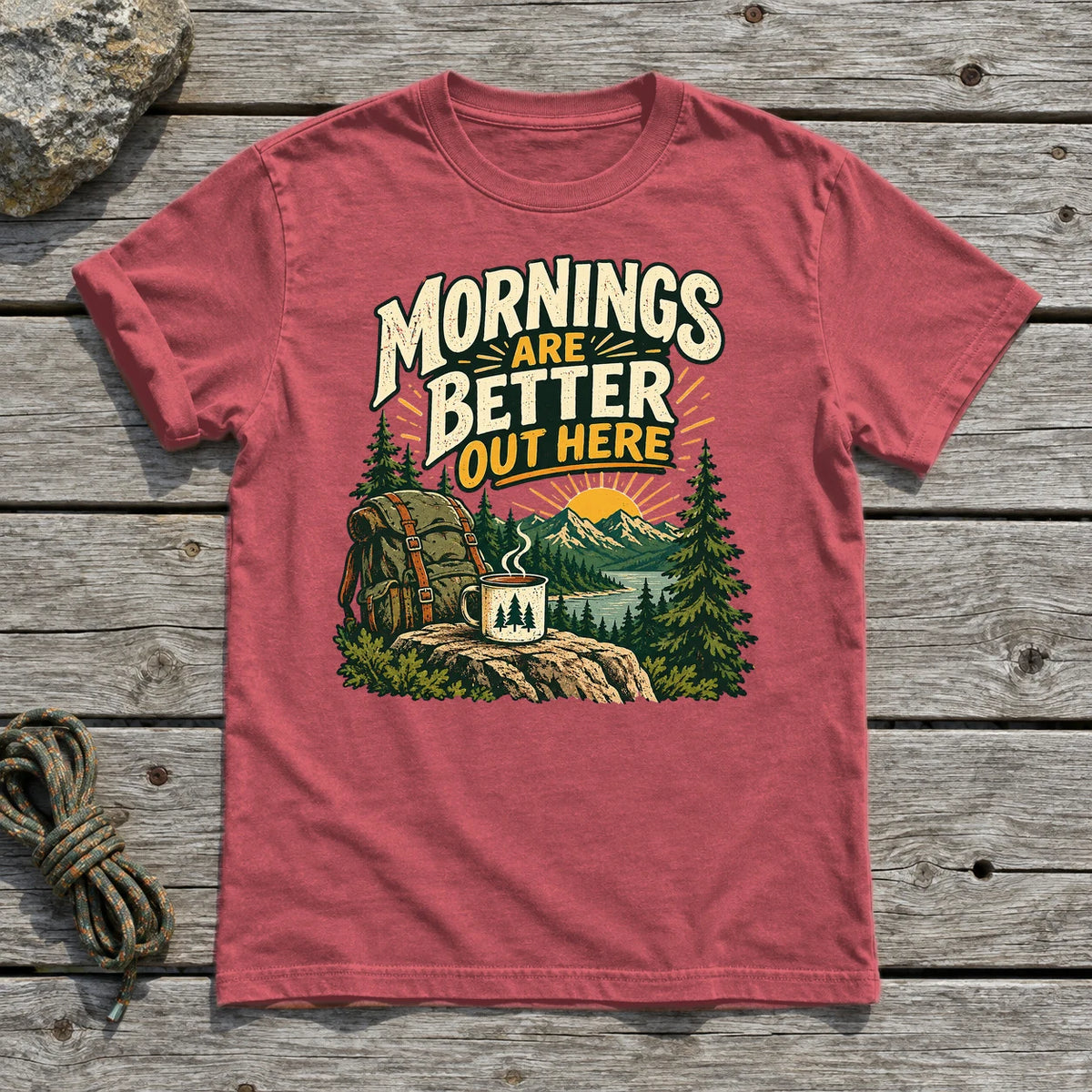 Mornings Are Better Camping Graphic Tee on Heather Red Everyday Soft Tee