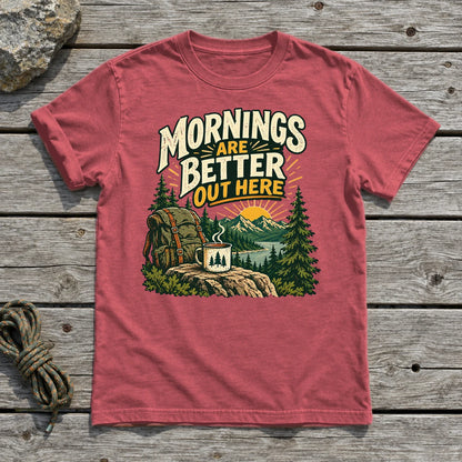 Mornings Are Better Camping Graphic Tee on Heather Red Everyday Soft Tee