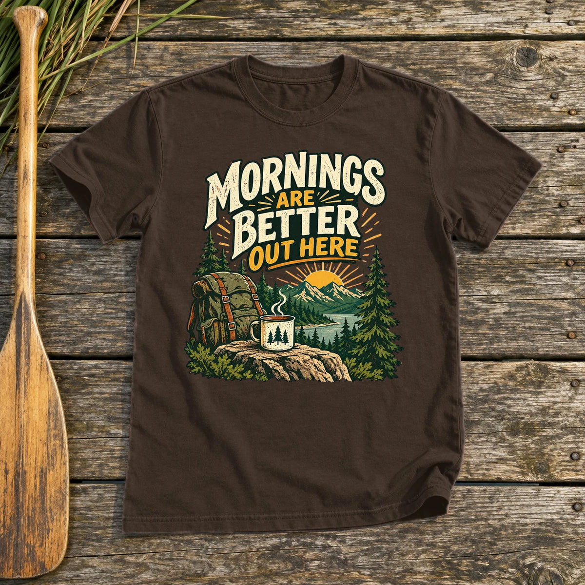 Mornings Are Better Camping Graphic Tee on Dark Chocolate Everyday Soft Tee