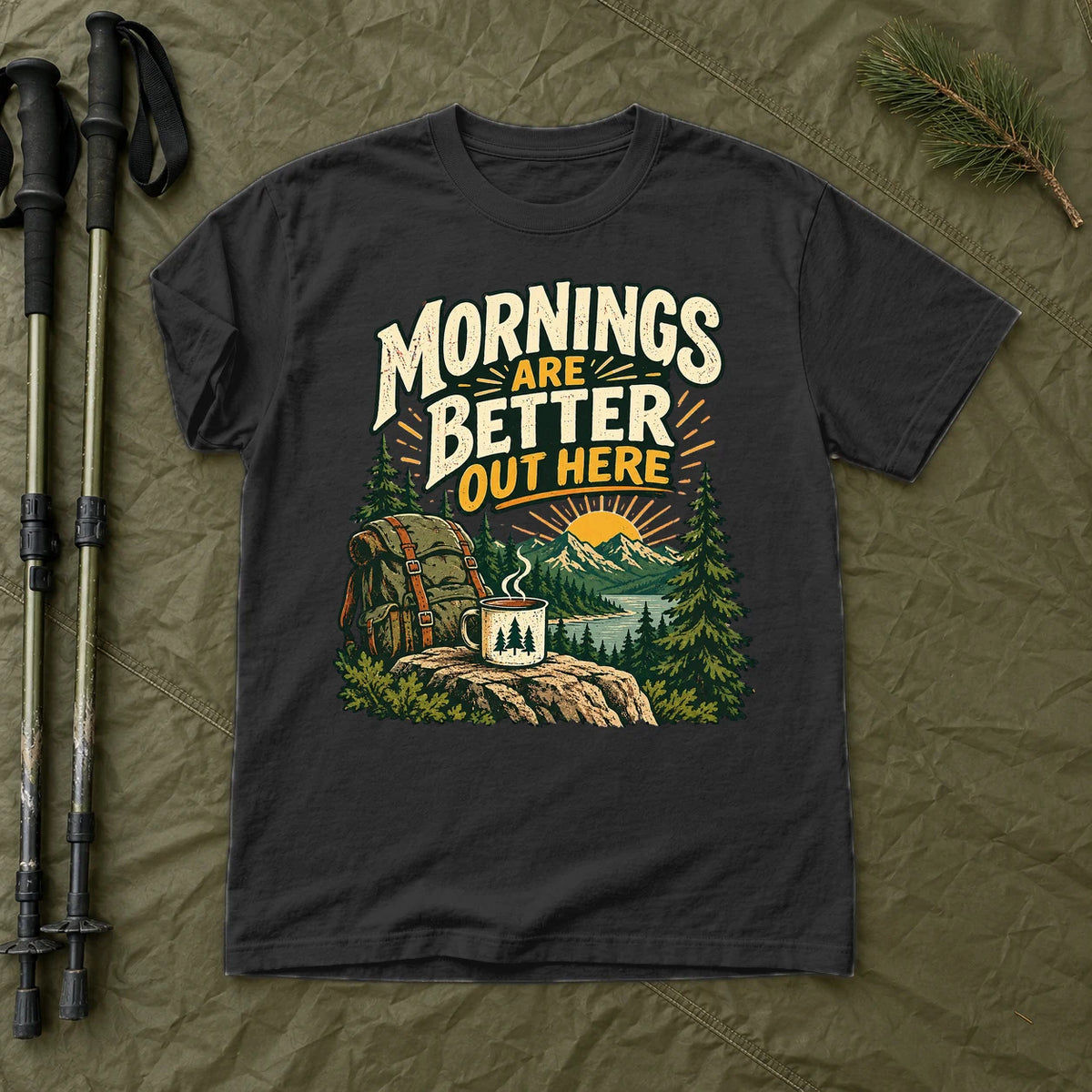 Mornings Are Better Camping Graphic Tee on Black Premium Tee