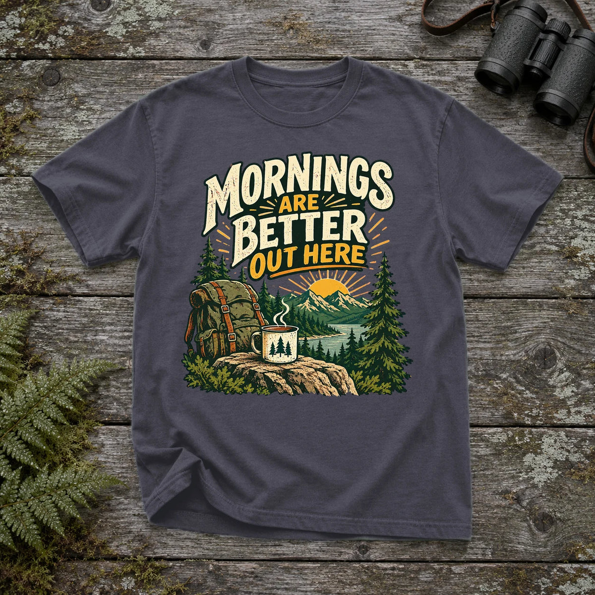 Mornings Are Better Camping Graphic Tee on Navy Premium Tee