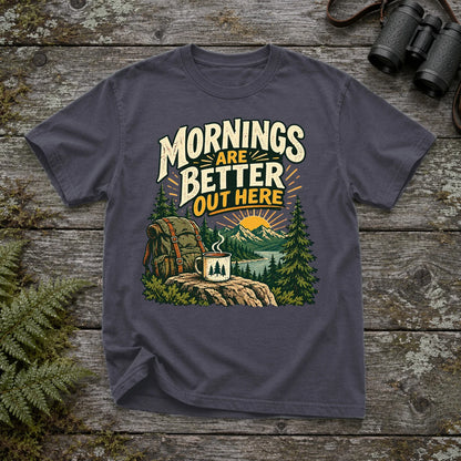 Mornings Are Better Camping Graphic Tee on Navy Premium Tee