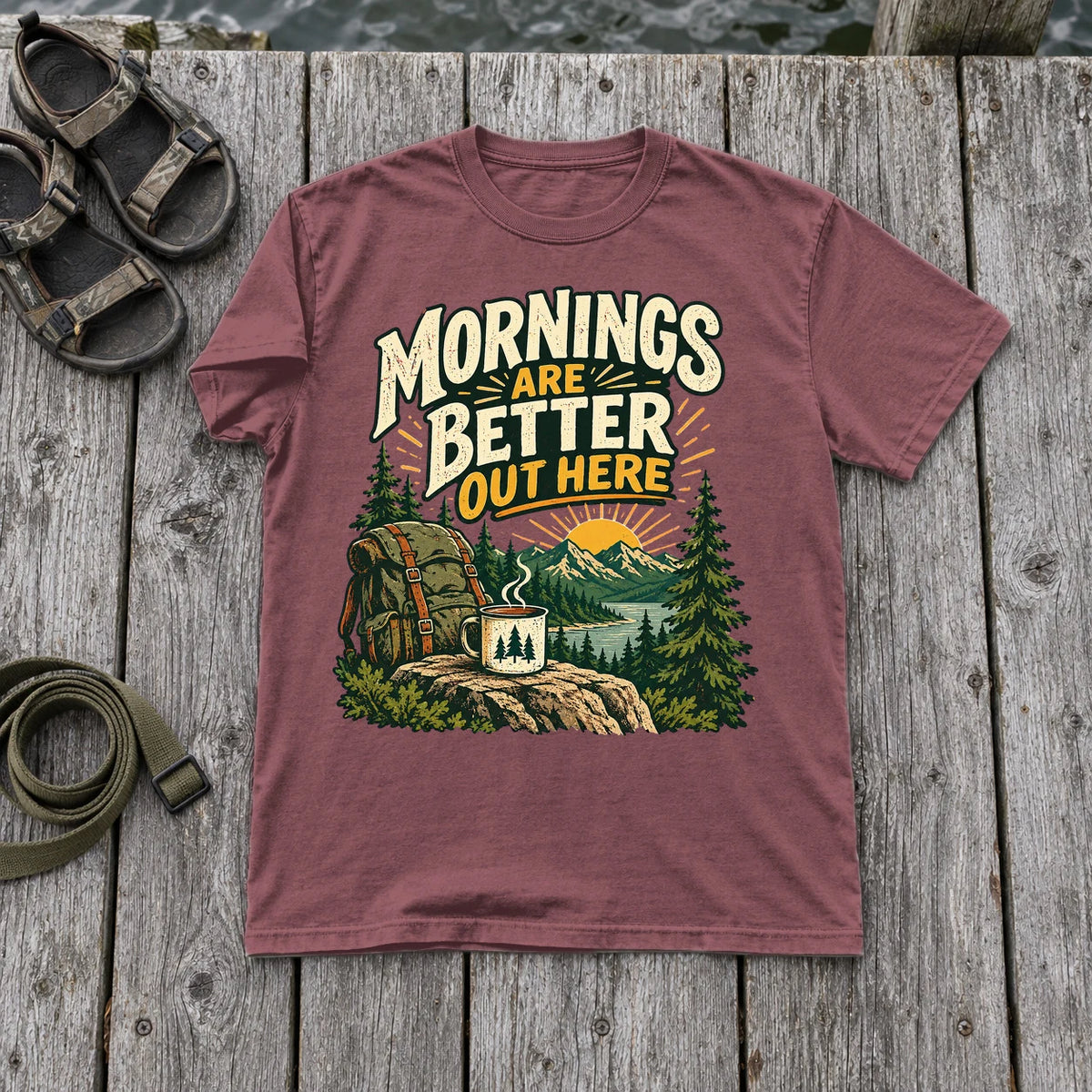 Mornings Are Better Camping Graphic Tee on Brick Premium Tee