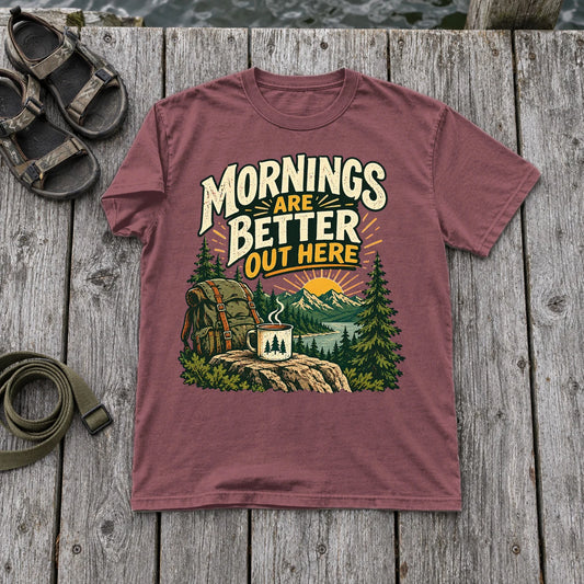 Mornings Are Better Camping Graphic Tee on Brick Premium Tee