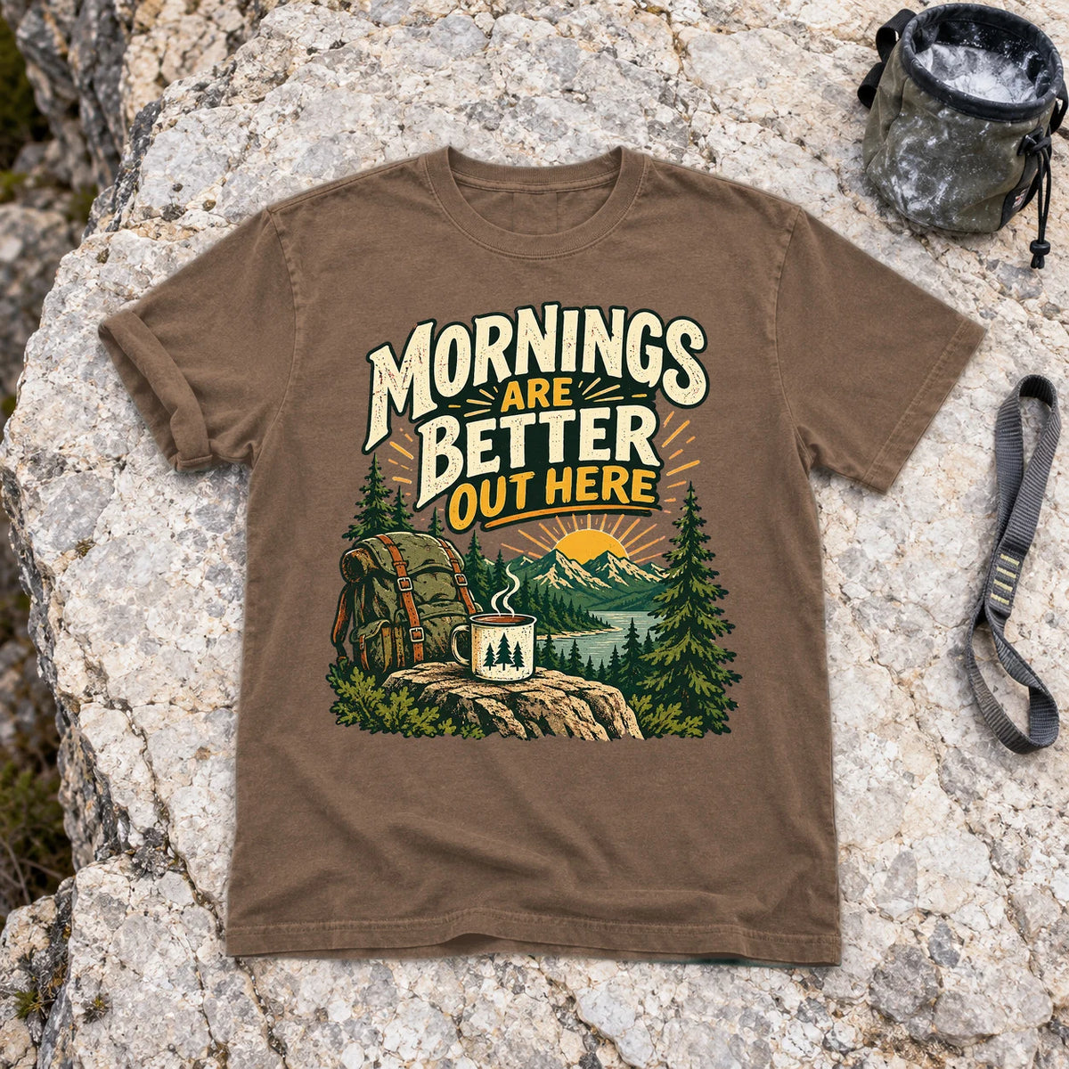 Mornings Are Better Camping Graphic Tee on Espresso Premium Tee