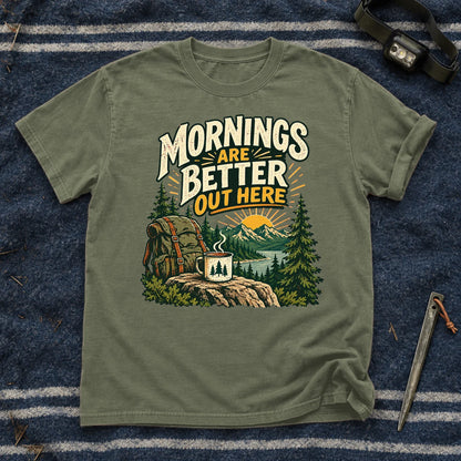 Mornings Are Better Camping Graphic Tee on Moss Premium Tee