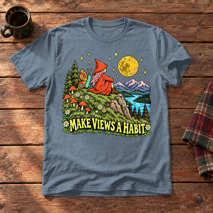 Make Views A Habit Vintage Graphic Tee on Heather Indigo Everyday Soft Tee