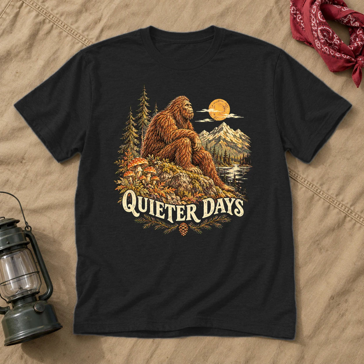 Quieter Days Bigfoot Graphic Tee on Black Everyday Soft Tee