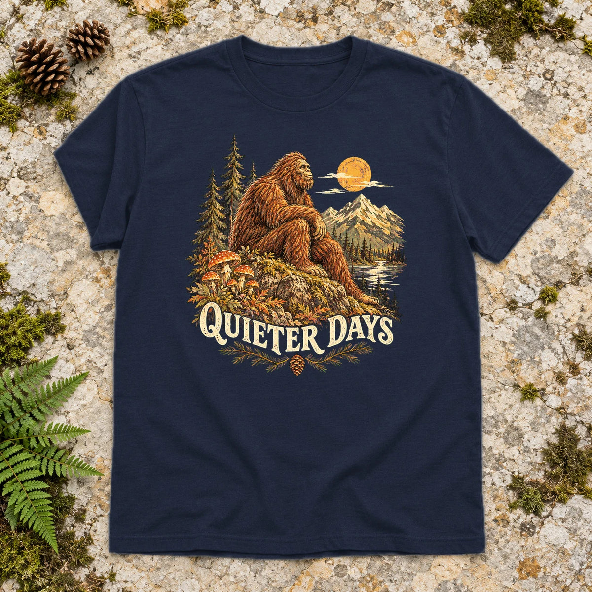 Quieter Days Bigfoot Graphic Tee on Navy Everyday Soft Tee