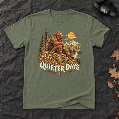 Quieter Days Bigfoot Graphic Tee on Military Green Everyday Soft Tee