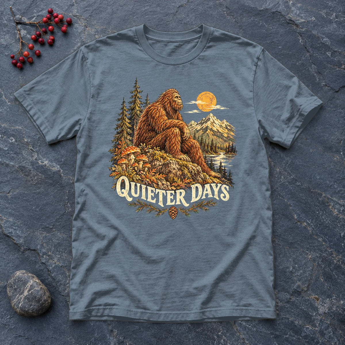 Quieter Days Bigfoot Graphic Tee on Heather Indigo Everyday Soft Tee