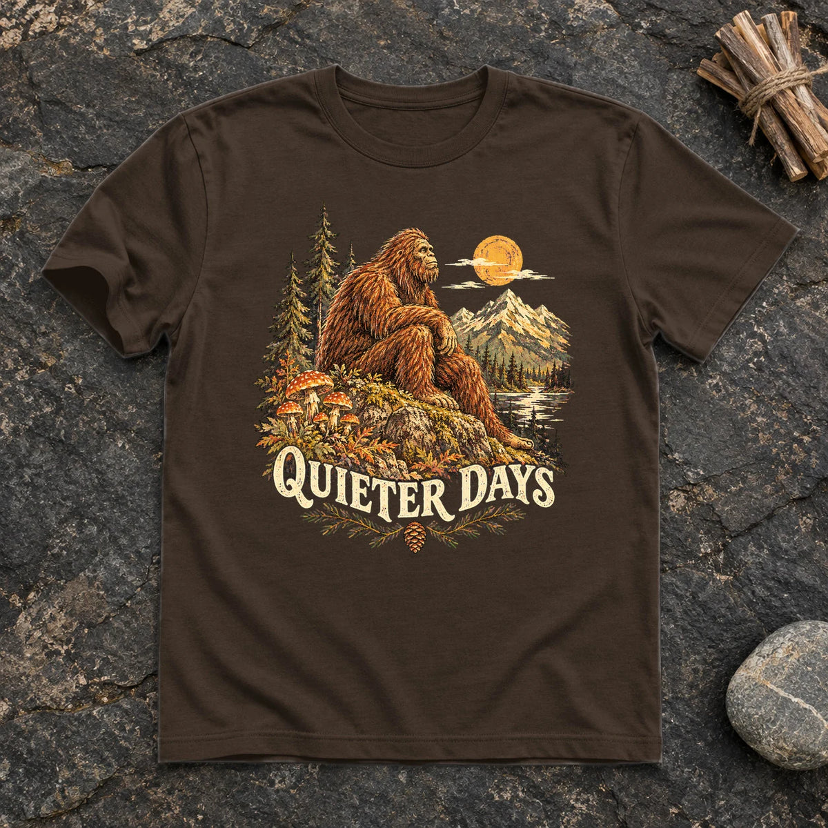 Quieter Days Bigfoot Graphic Tee on Dark Chocolate Everyday Soft Tee