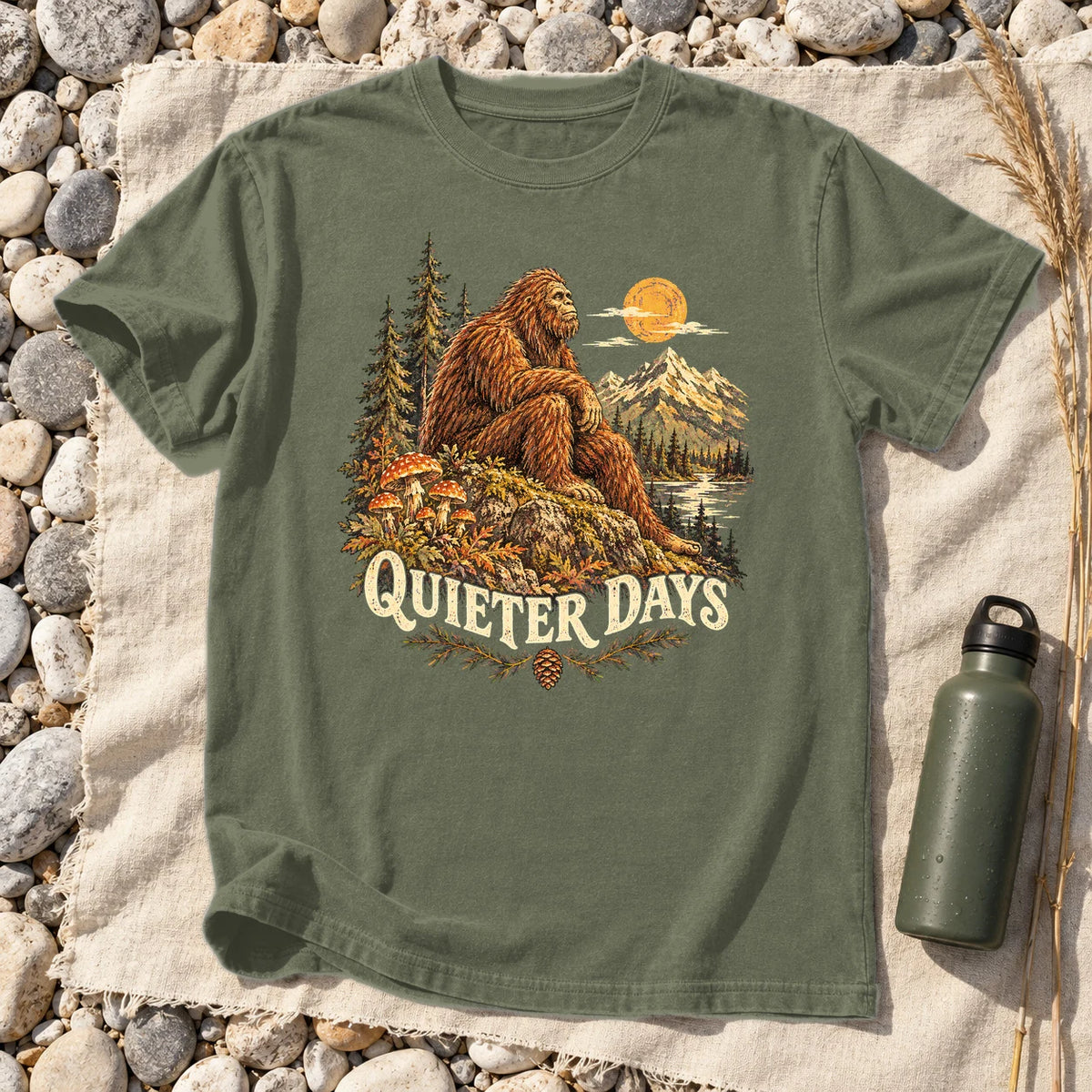 Quieter Days Bigfoot Graphic Tee on Moss Premium Tee