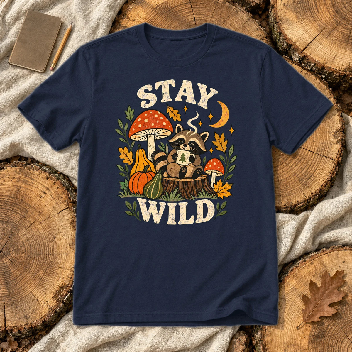 Cozy Autumn Raccoon Stay Wild Graphic Tee on Navy Everyday Soft Tee