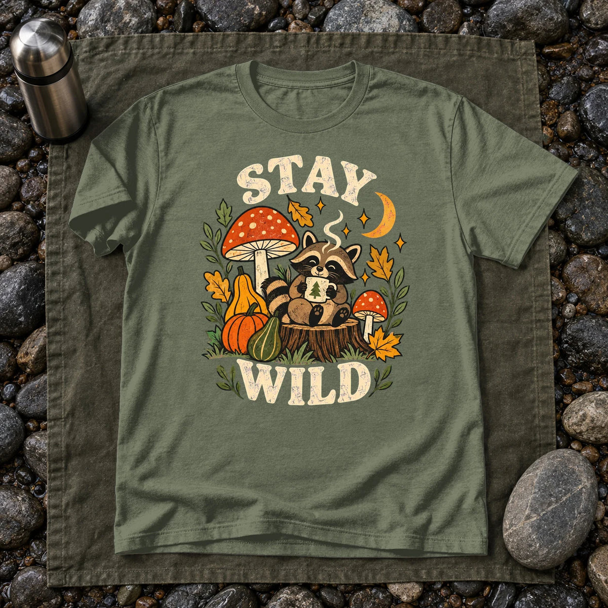 Cozy Autumn Raccoon Stay Wild Graphic Tee on Military Green Everyday Soft Tee