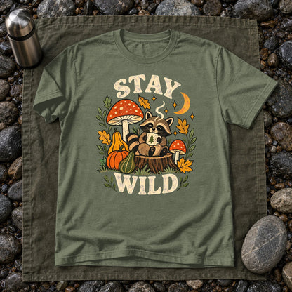 Cozy Autumn Raccoon Stay Wild Graphic Tee on Military Green Everyday Soft Tee