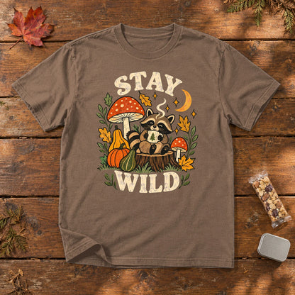 Cozy Autumn Raccoon Stay Wild Graphic Tee on Espresso Premium Tee