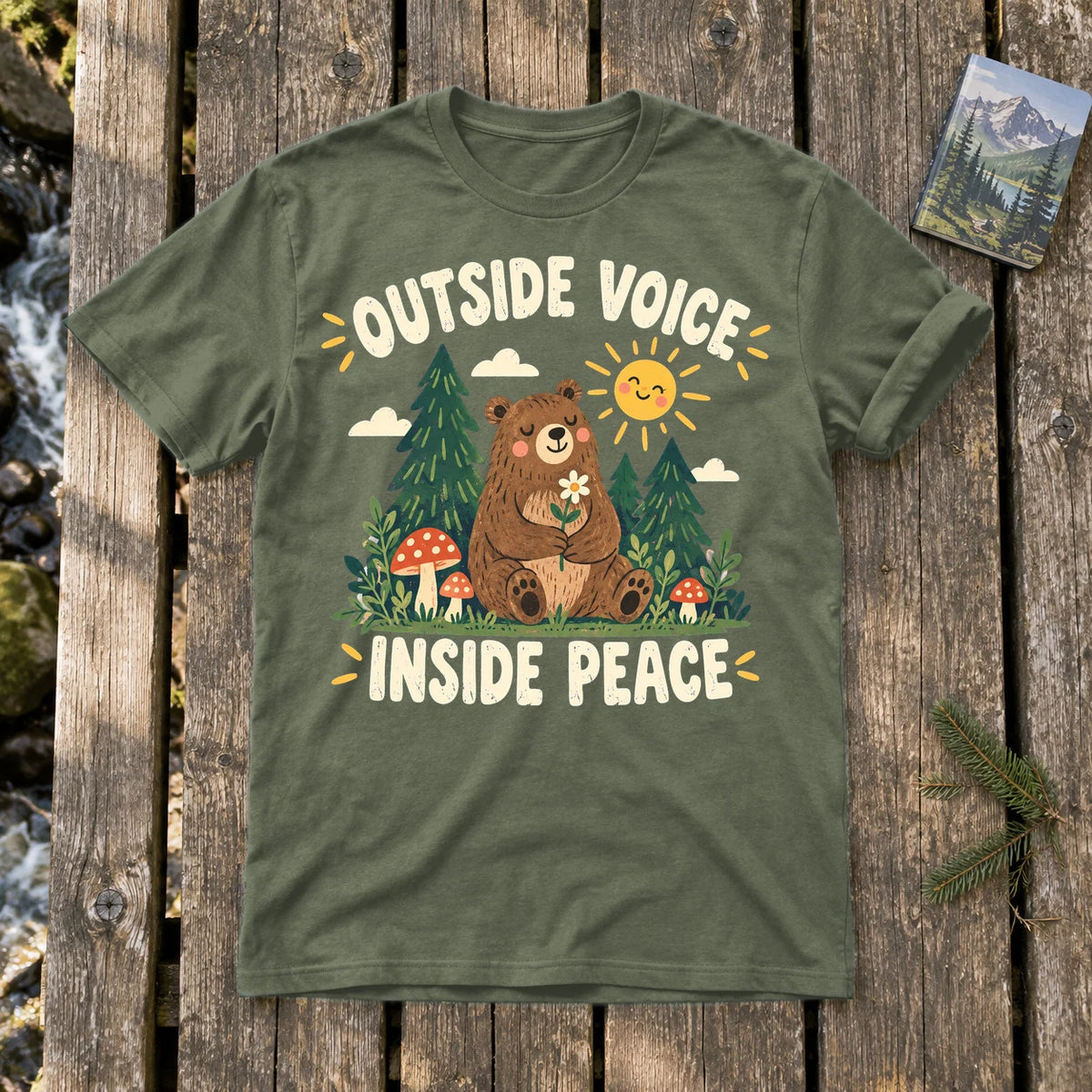 Outside Voice Inside Peace Graphic Tee on Military Green Everyday Soft Tee