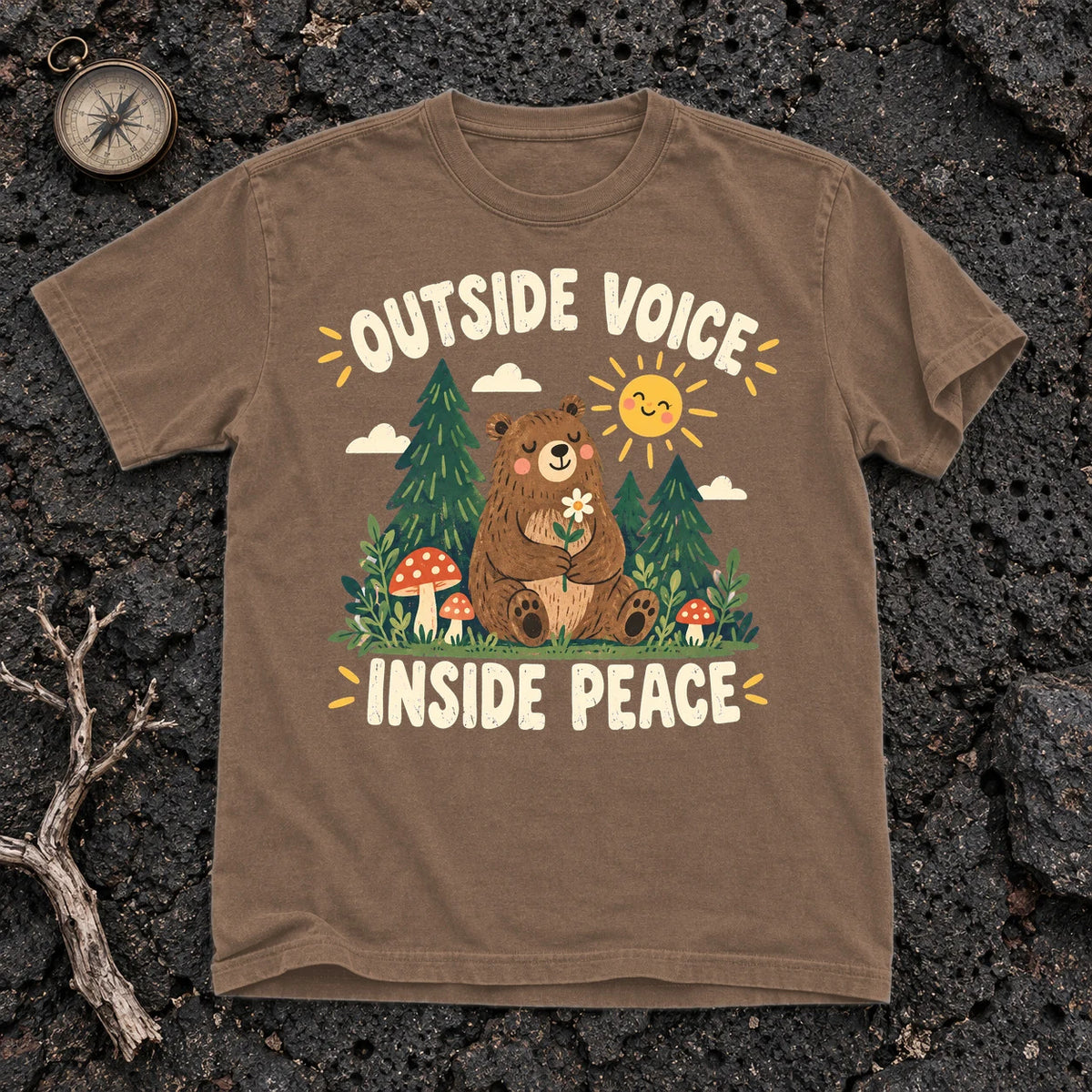 Outside Voice Inside Peace Graphic Tee on Espresso Premium Tee