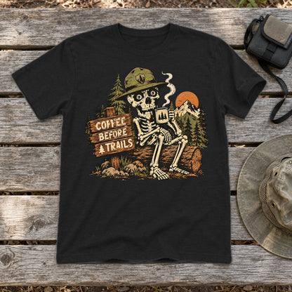 Coffee Before Trails Skeleton Graphic Tee on Black Everyday Soft Tee