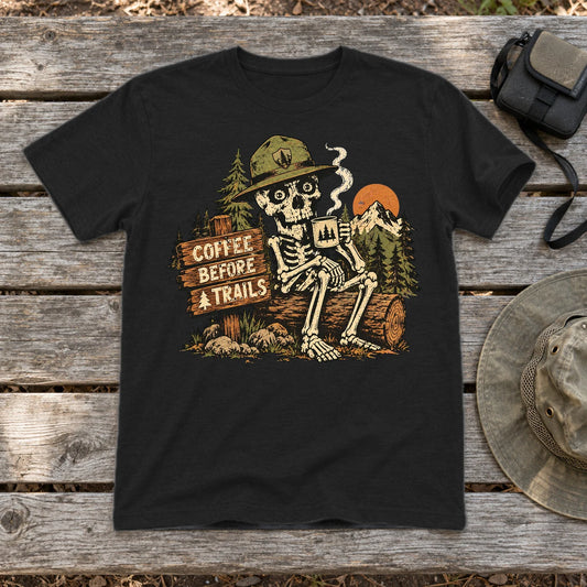 Coffee Before Trails Skeleton Graphic Tee on Black Everyday Soft Tee