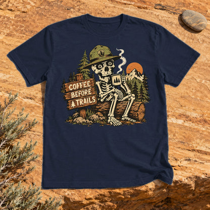 Coffee Before Trails Skeleton Graphic Tee on Navy Everyday Soft Tee