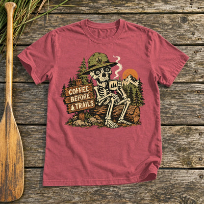 Coffee Before Trails Skeleton Graphic Tee on Heather Red Everyday Soft Tee