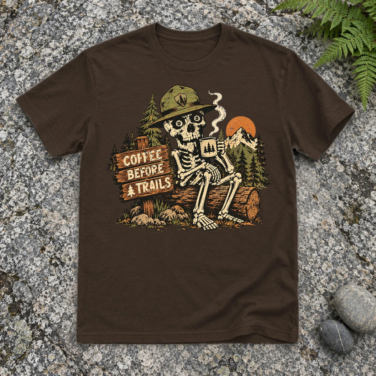 Coffee Before Trails Skeleton Graphic Tee on Dark Chocolate Everyday Soft Tee