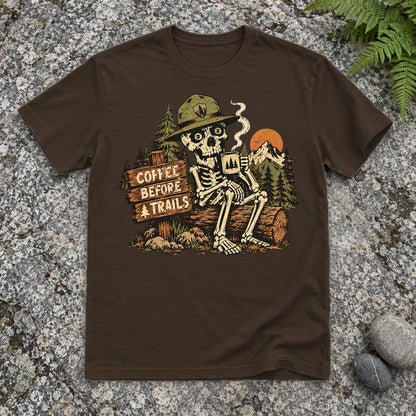 Coffee Before Trails Skeleton Graphic Tee on Dark Chocolate Everyday Soft Tee