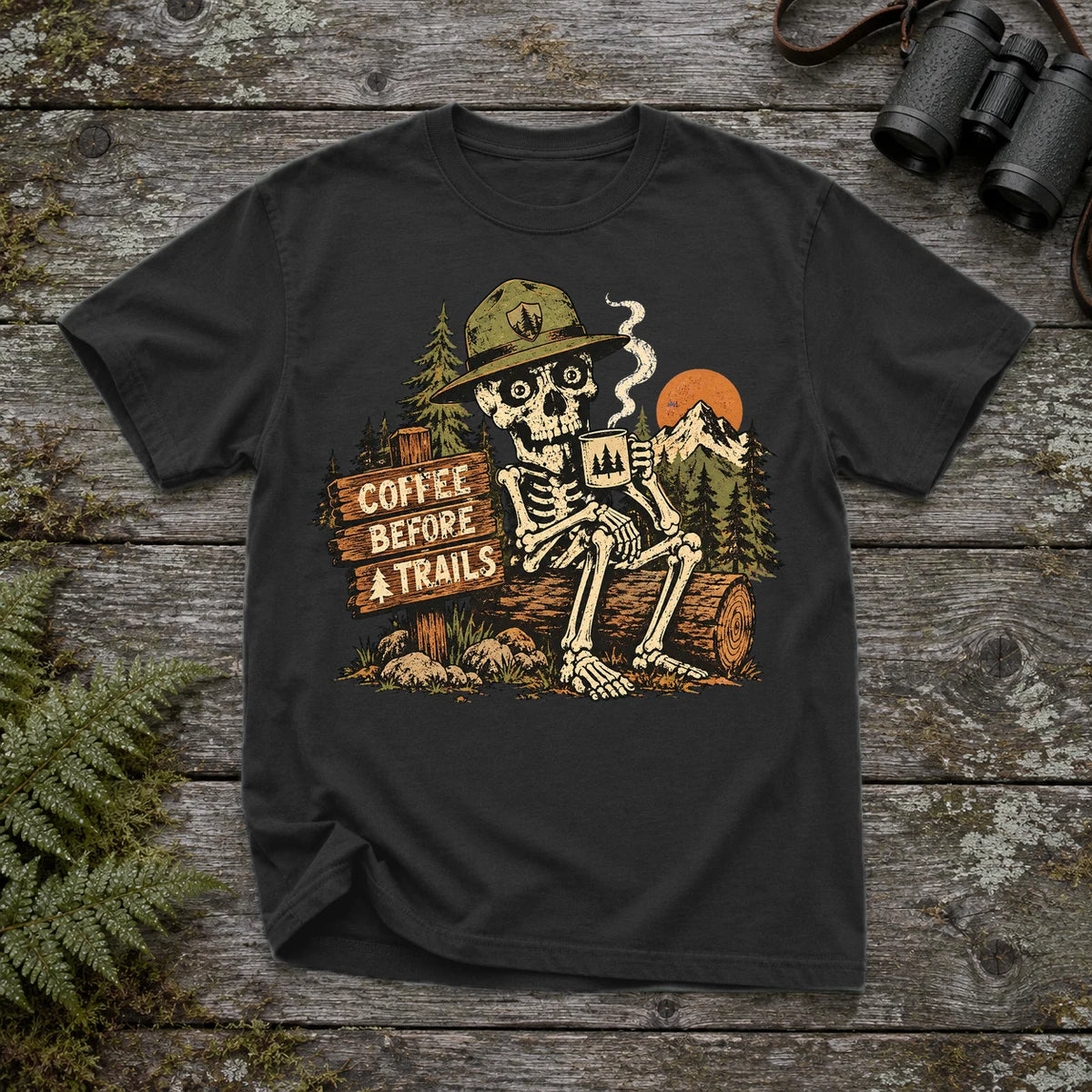 Coffee Before Trails Skeleton Graphic Tee on Black Premium Tee
