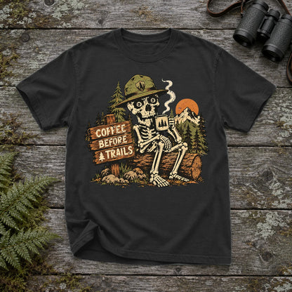 Coffee Before Trails Skeleton Graphic Tee on Black Premium Tee