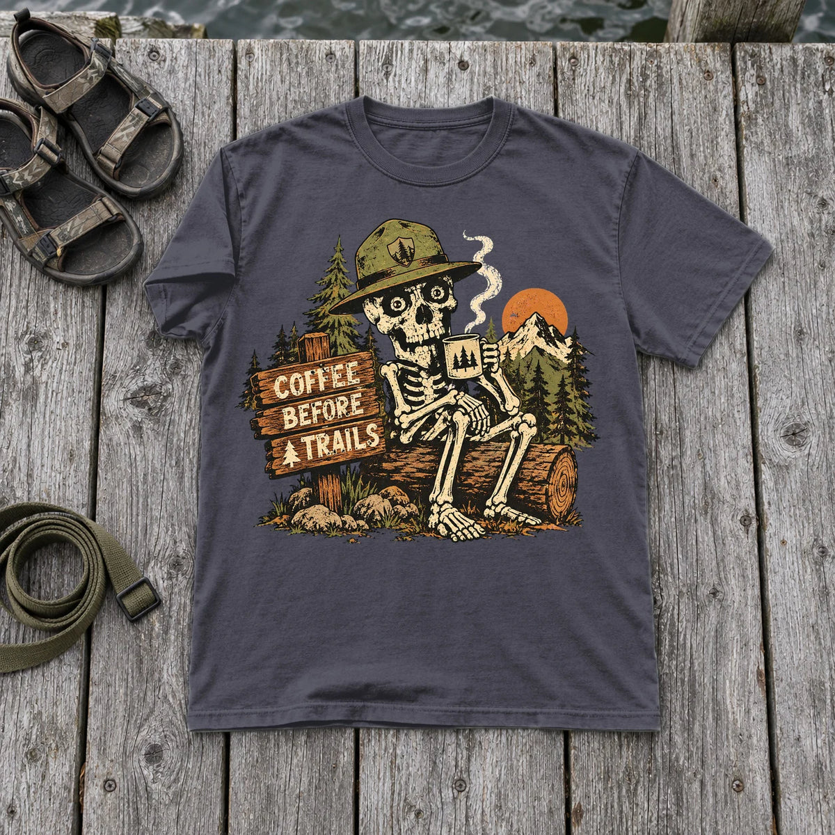 Coffee Before Trails Skeleton Graphic Tee on Navy Premium Tee
