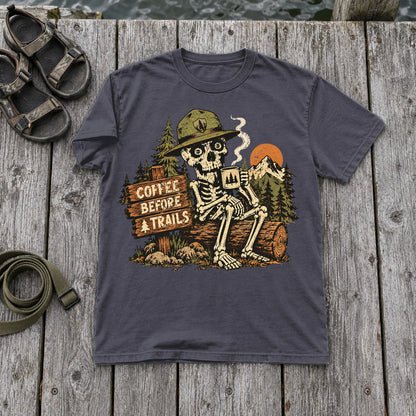 Coffee Before Trails Skeleton Graphic Tee on Navy Premium Tee