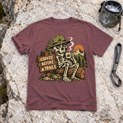 Coffee Before Trails Skeleton Graphic Tee on Brick Premium Tee