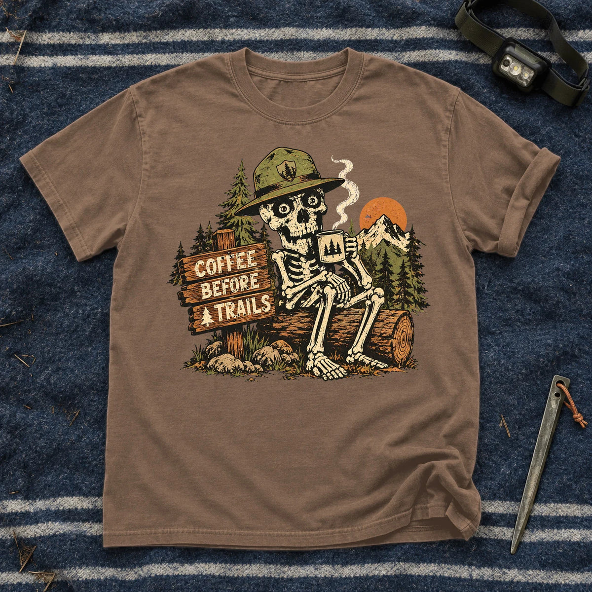 Coffee Before Trails Skeleton Graphic Tee on Espresso Premium Tee