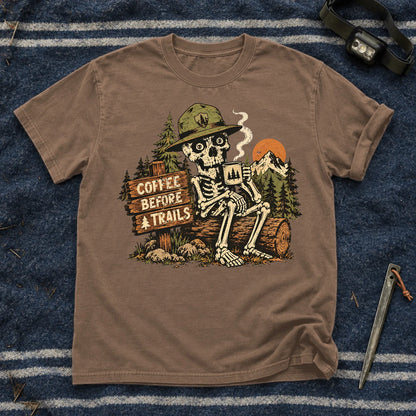 Coffee Before Trails Skeleton Graphic Tee on Espresso Premium Tee