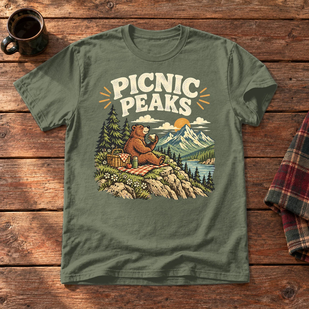 Picnic Peaks Bear Graphic Tee on Military Green Everyday Soft Tee