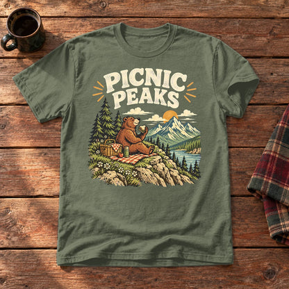 Picnic Peaks Bear Graphic Tee on Military Green Everyday Soft Tee
