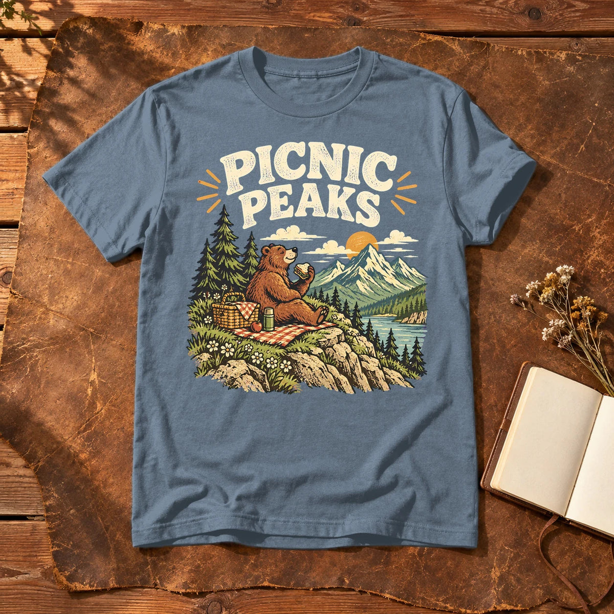 Picnic Peaks Bear Graphic Tee on Heather Indigo Everyday Soft Tee
