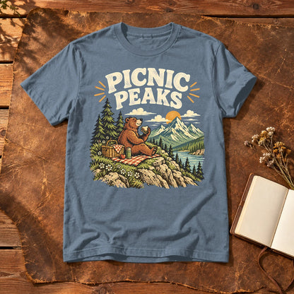 Picnic Peaks Bear Graphic Tee on Heather Indigo Everyday Soft Tee
