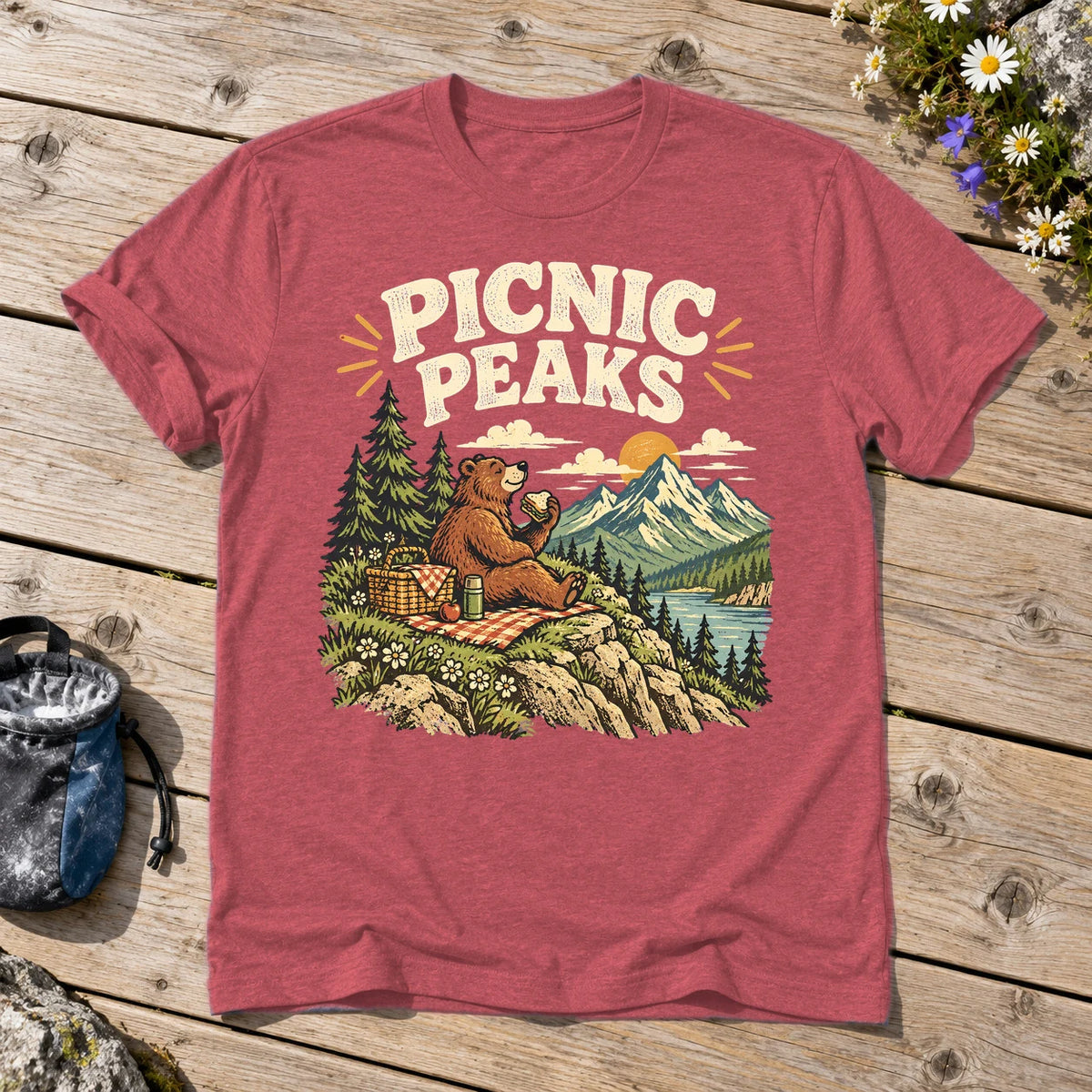 Picnic Peaks Bear Graphic Tee on Heather Red Everyday Soft Tee