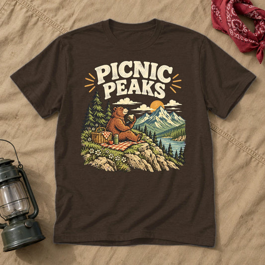 Picnic Peaks Bear Graphic Tee on Dark Chocolate Everyday Soft Tee