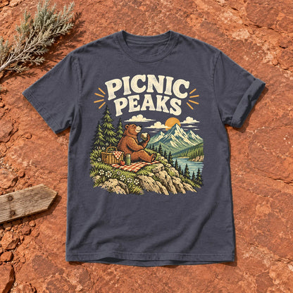 Picnic Peaks Bear Graphic Tee on Navy Premium Tee