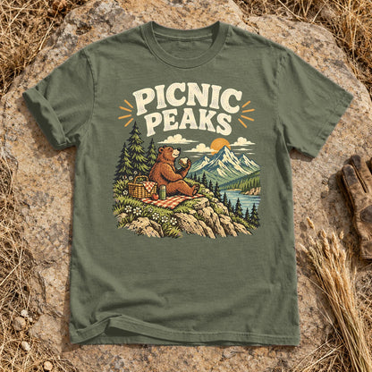 Picnic Peaks Bear Graphic Tee on Moss Premium Tee