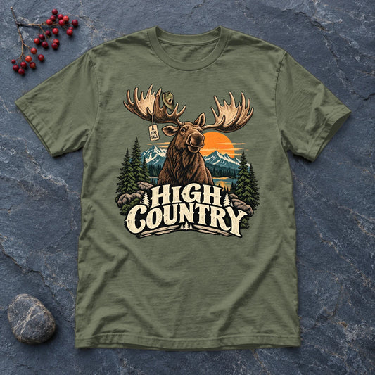 High Country 'Too Tall' Moose Graphic Tee on Military Green Everyday Soft Tee