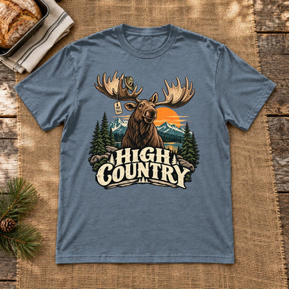 High Country 'Too Tall' Moose Graphic Tee on Heather Indigo Everyday Soft Tee