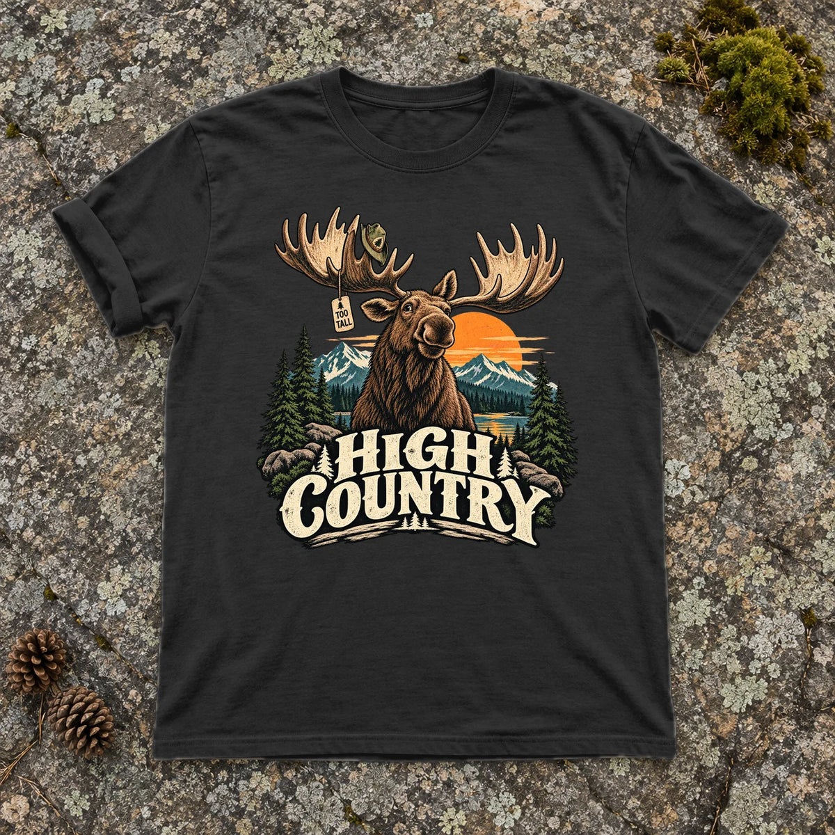 High Country 'Too Tall' Moose Graphic Tee on Black Premium Tee